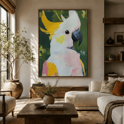 Expressive cockatoo oil painting canvas print displayed above white sofa in neutral living room