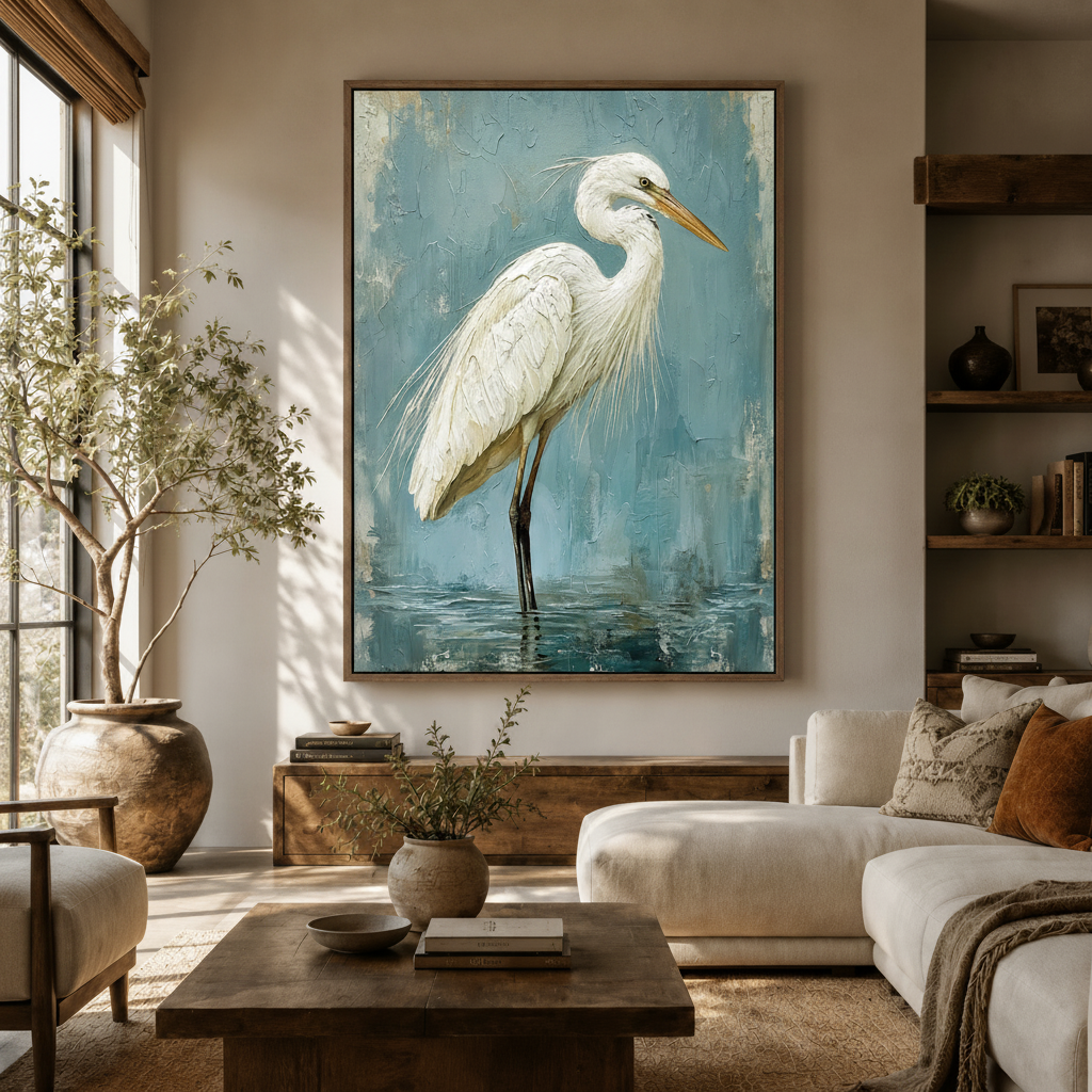 White egret impasto oil painting in walnut float frame displayed above console in warm neutral living room