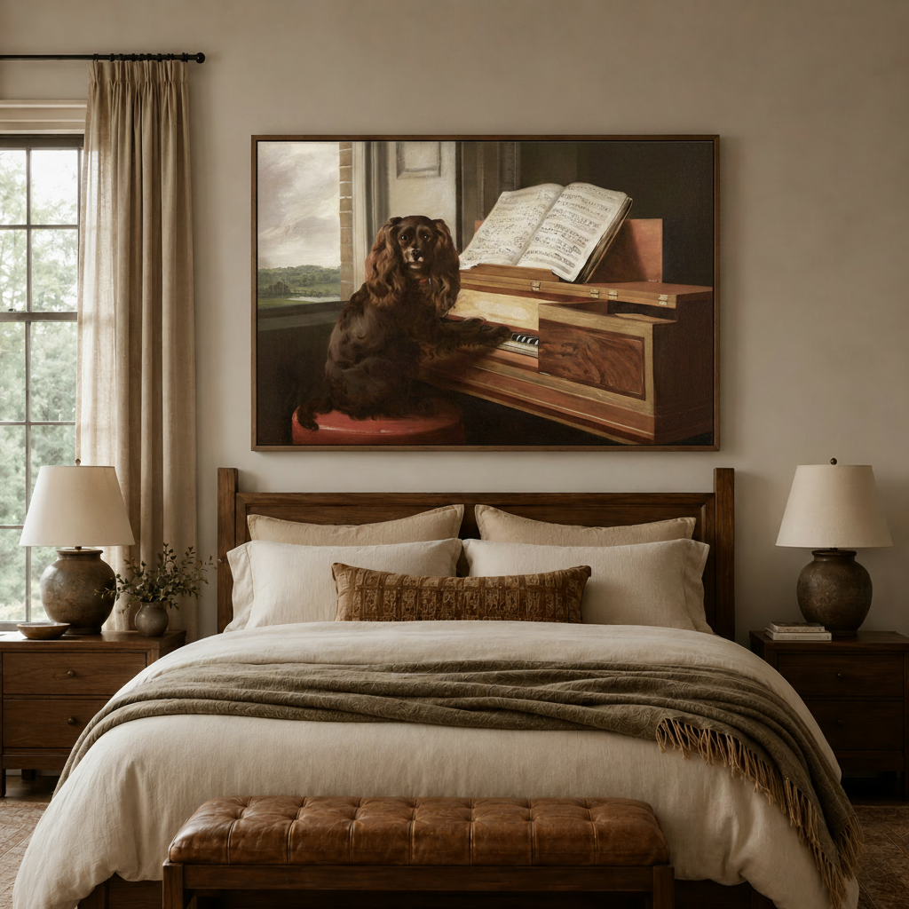 Spaniel dog playing piano Old Master canvas wall art displayed large above walnut headboard in cream bedroom