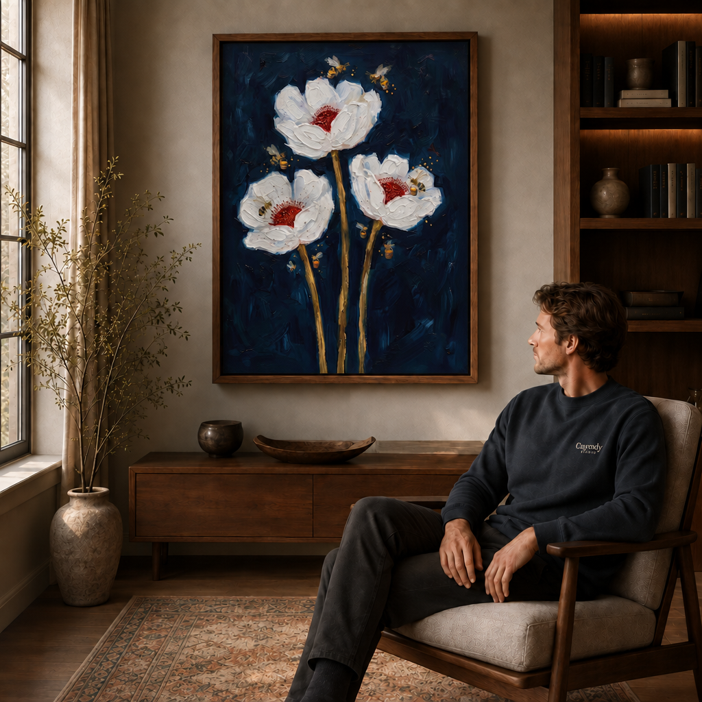 Canvas wall art featuring a composition of three flowers.