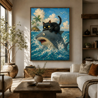 Funny black cat shark folk art wall art in dark walnut floating frame above console in warm Japandi living room