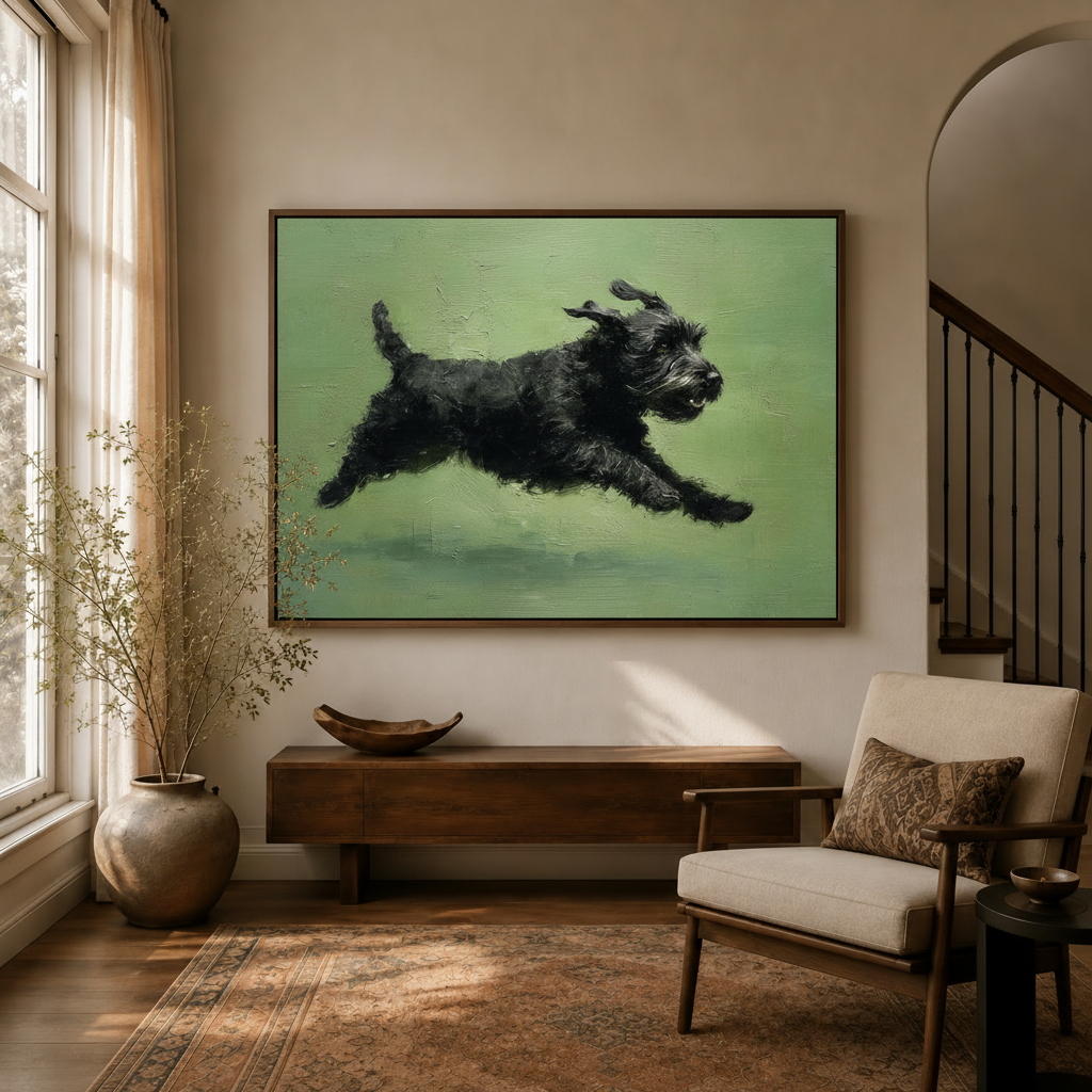 Black Schnauzer canvas wall art displayed in a cozy living room above a wood sideboard