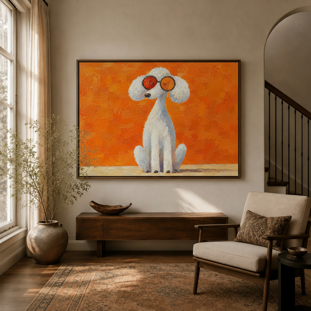 Bold orange pop art poodle canvas framed print in entryway hallway beside window and accent chair