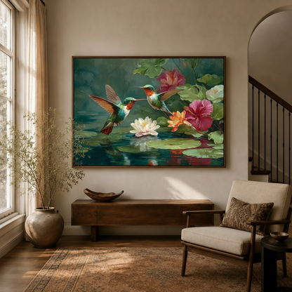 Hummingbird lotus pond oil painting in dark walnut float frame, living room entryway wall decor