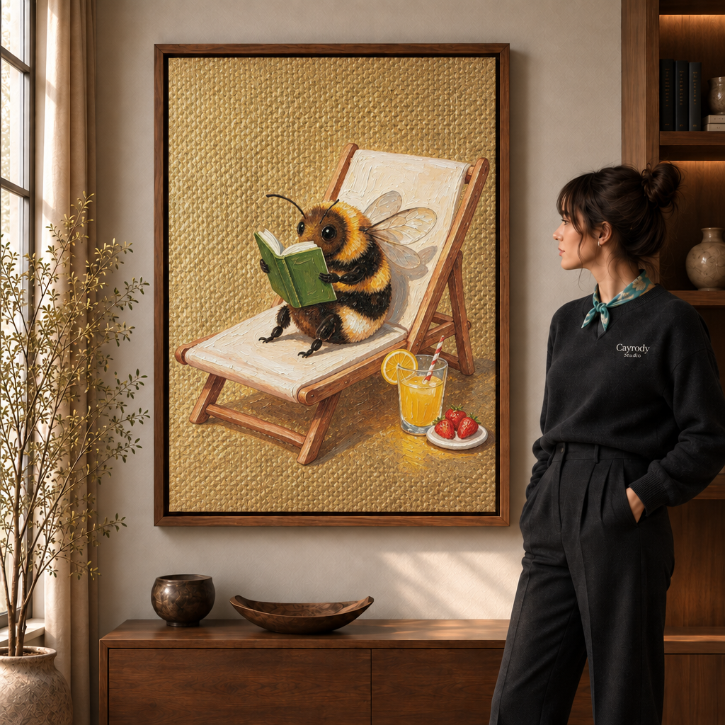 Whimsical reading bee canvas wall art displayed in a warm contemporary living room