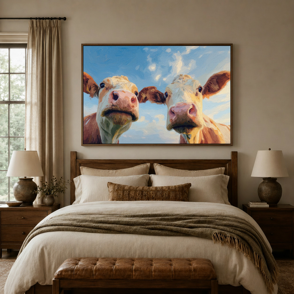 Two curious cows close-up impasto canvas wall art displayed above cozy neutral bedroom headboard