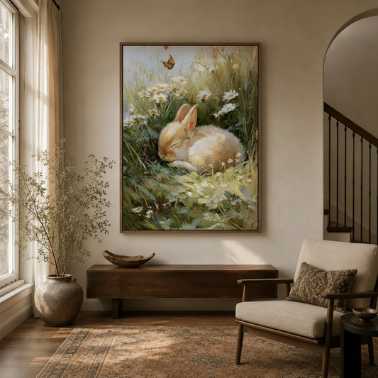 Botanical bunny wall art in dark walnut float frame hung in bright entryway with staircase arch