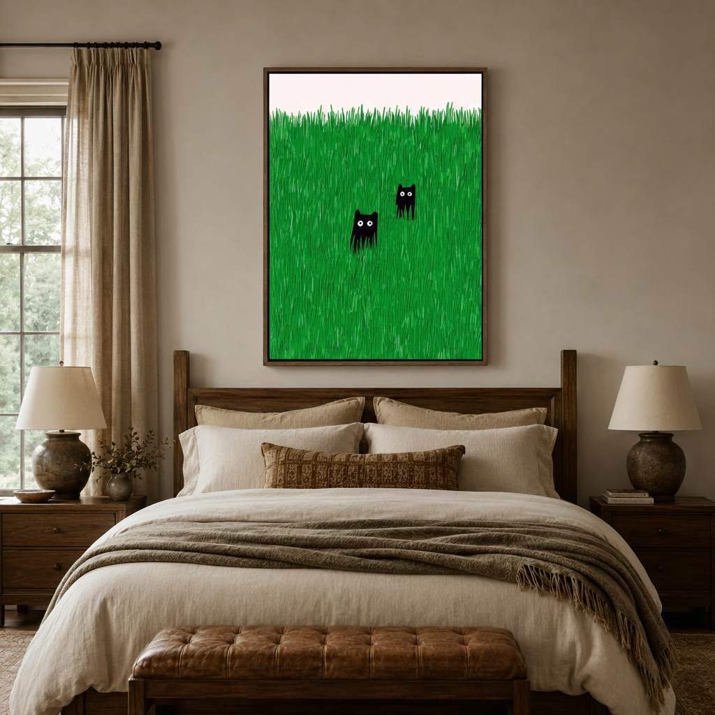 Whimsical black cats peeking through green grass canvas print displayed above bedroom headboard