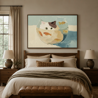 Funny cat in fishbowl impressionist canvas wall art in dark walnut frame above cozy bedroom bed