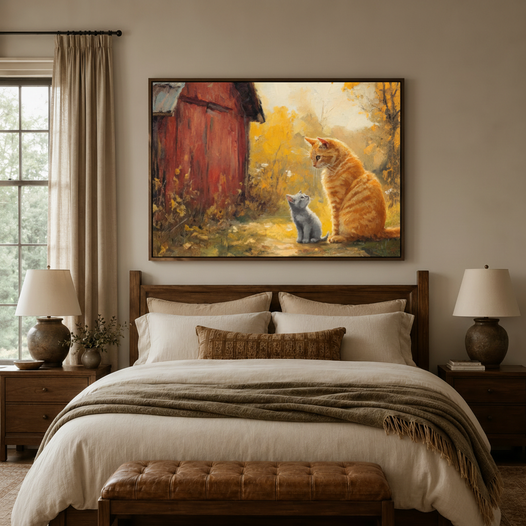Orange tabby cat and grey kitten autumn barn impressionist canvas in walnut float frame above neutral bedroom headboard