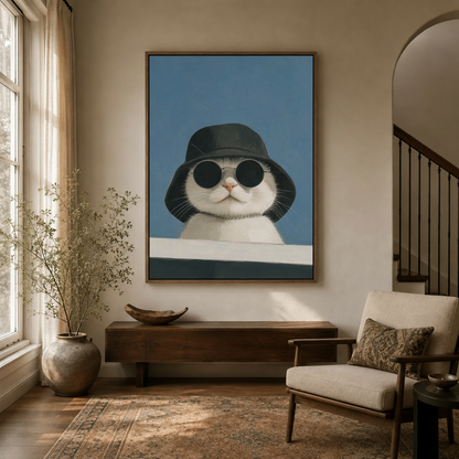 Cool cat bucket hat canvas wall art in dark walnut frame displayed in warm neutral entryway