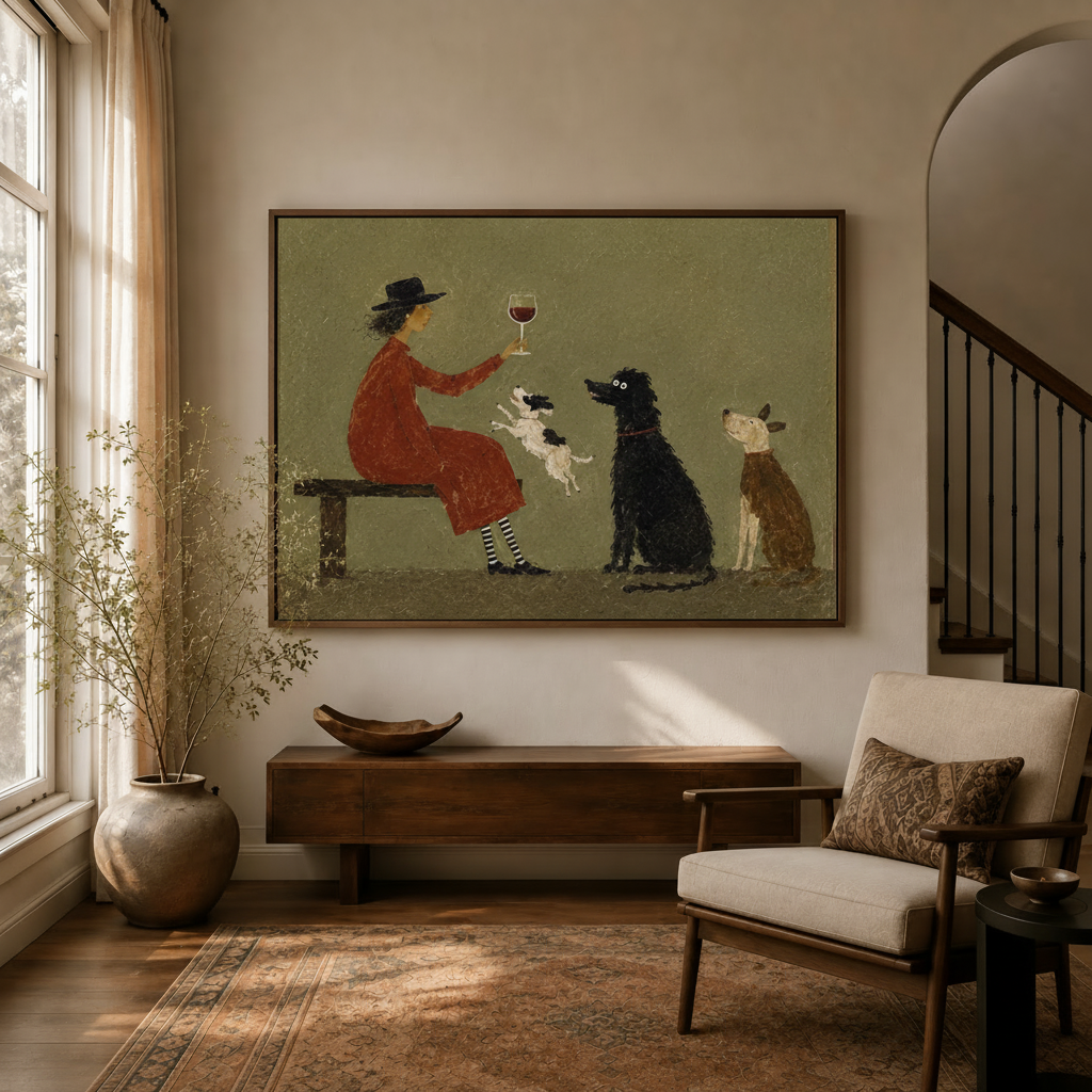 Whimsical woman and dogs folk art canvas in dark float frame above entryway console