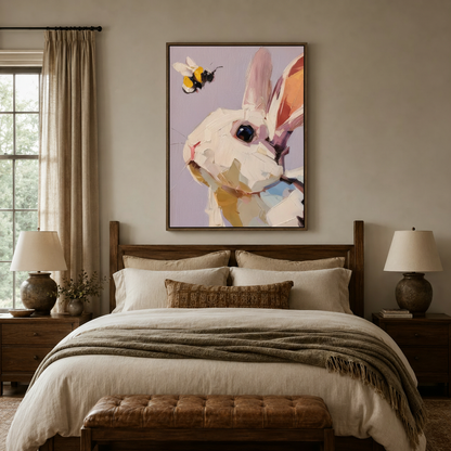 Whimsical rabbit and bee canvas wall art in walnut float frame displayed above bed headboard in warm bedroom