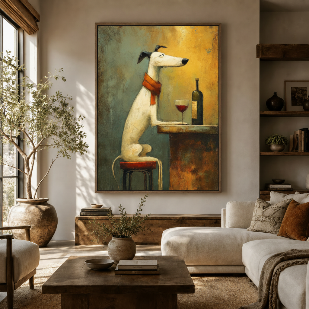 Expressive dog oil painting wall art styled in a cozy living room with natural light