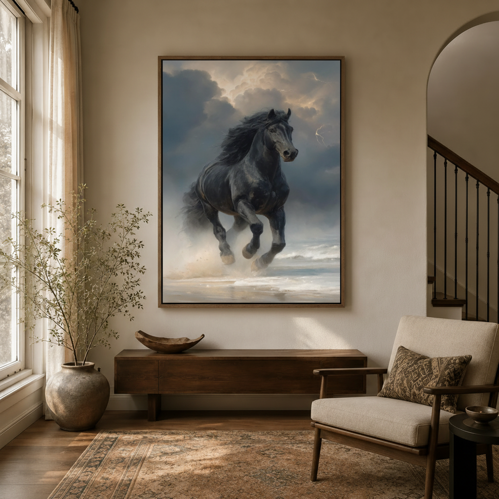 painting canvas wall art displayed in a warm entryway above a dark wood console table