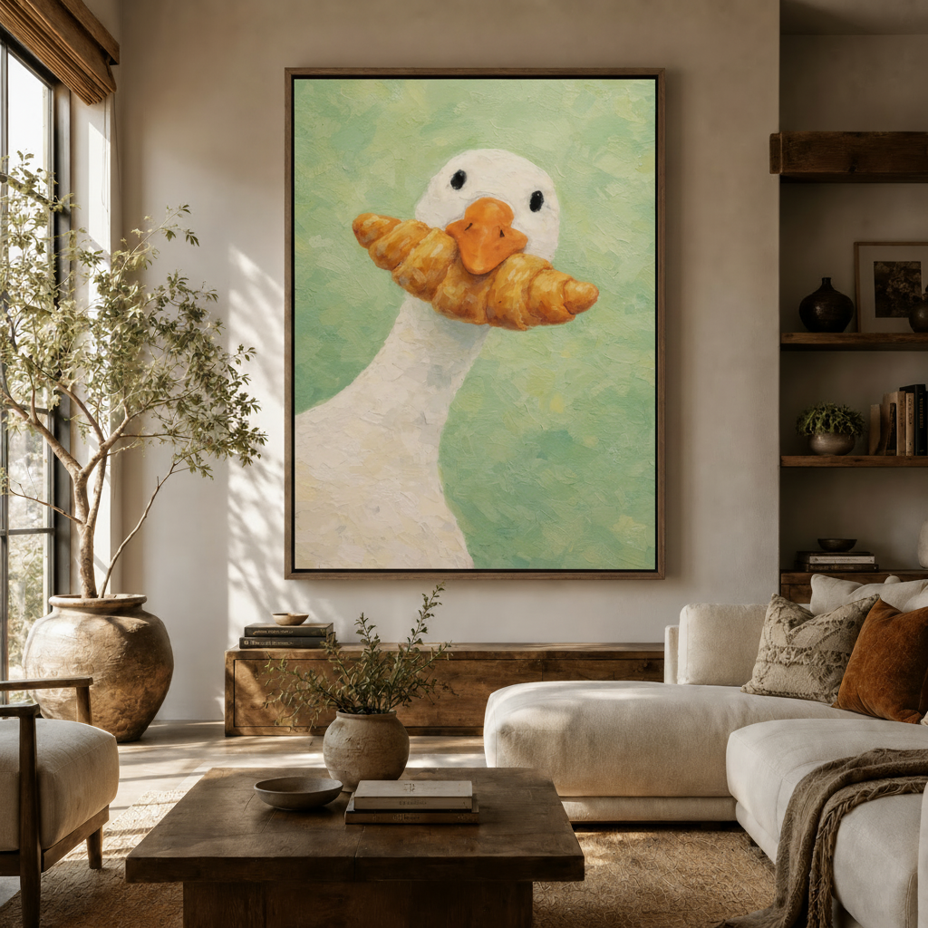 Funny goose croissant oil painting canvas in thin walnut frame displayed in warm boho living room