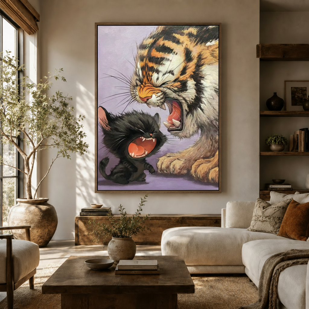 Whimsical tiger and kitten canvas wall art displayed in a warm neutral living room above a credenza