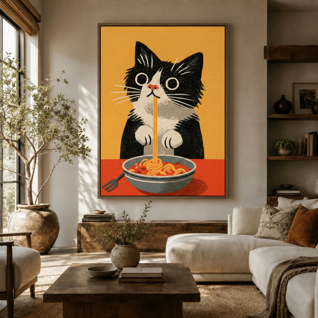 Whimsical tuxedo cat eating pasta canvas art displayed above cream sofa in bright eclectic living room