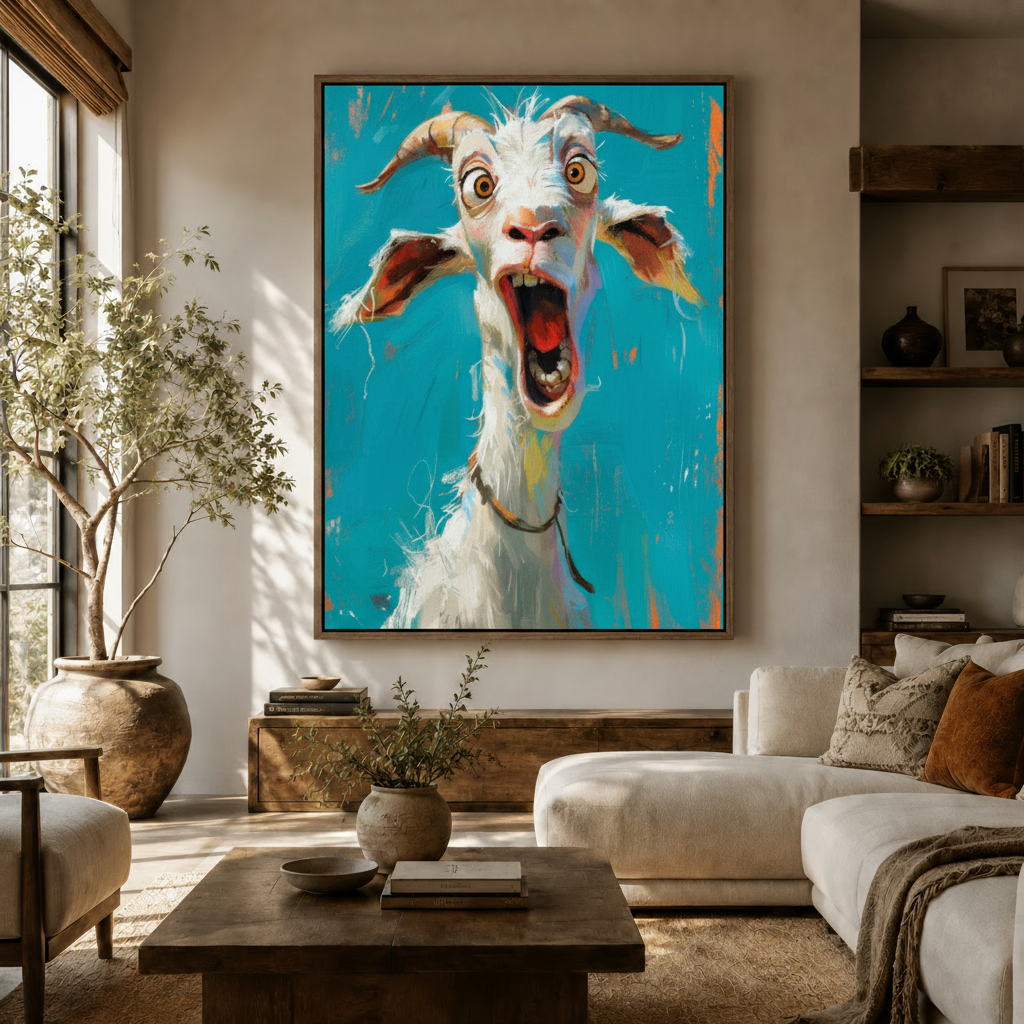Funny screaming goat expressionist canvas print displayed above white sofa in neutral living room