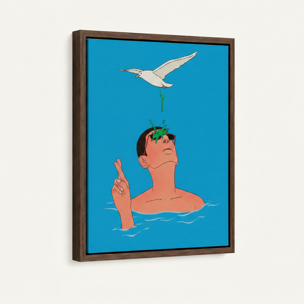 Framed humorous illustration canvas in dark walnut float frame, 3/4 product view