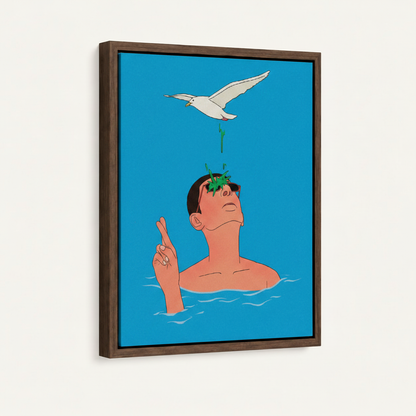 Framed humorous illustration canvas in dark walnut float frame, 3/4 product view
