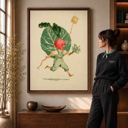 Framed whimsical radish child canvas displayed above a walnut console beside a woman.