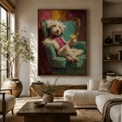 Funny dog martini oil painting canvas in walnut float frame styled in modern living room