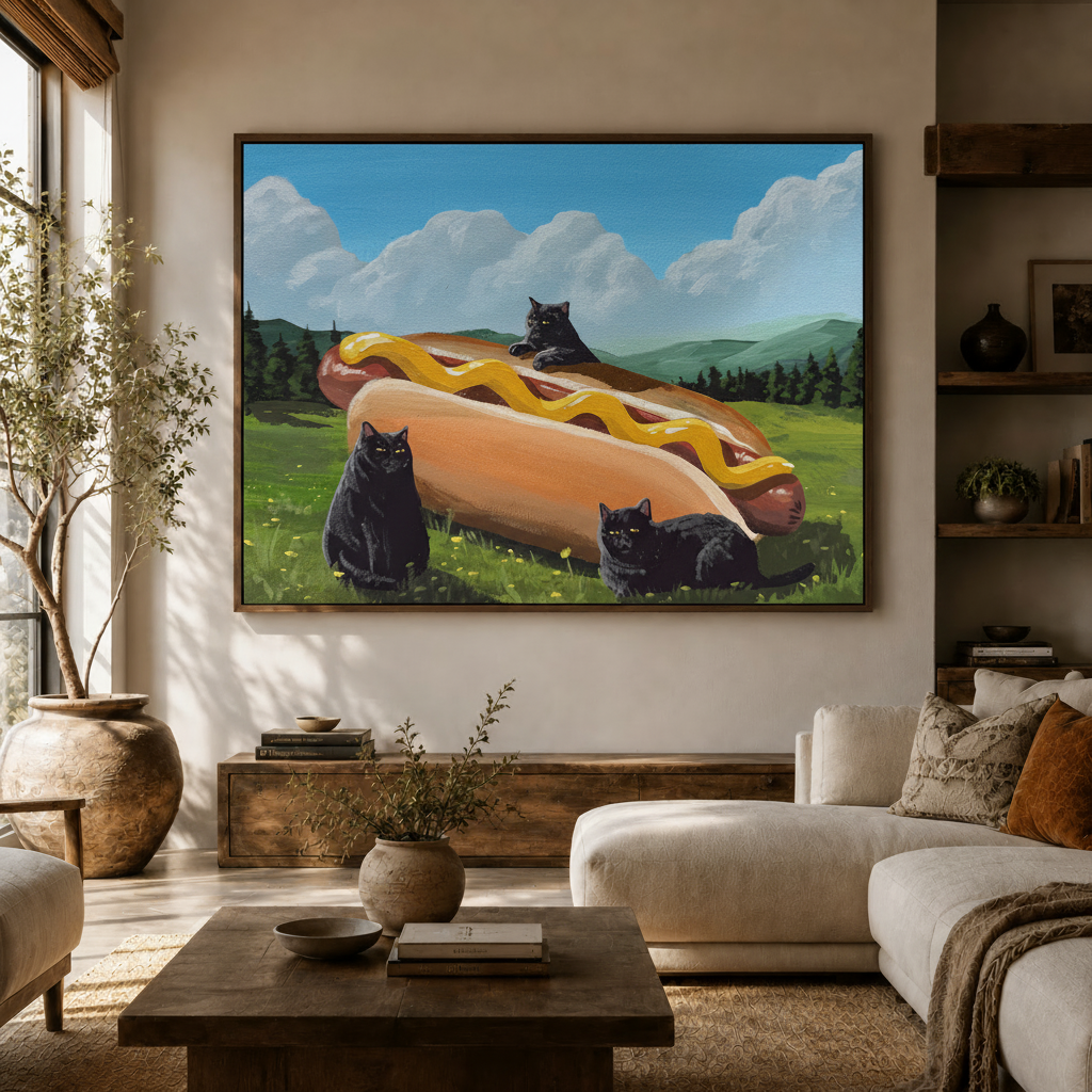 Colorful whimsical cat canvas art displayed above a modern beige living room sofa