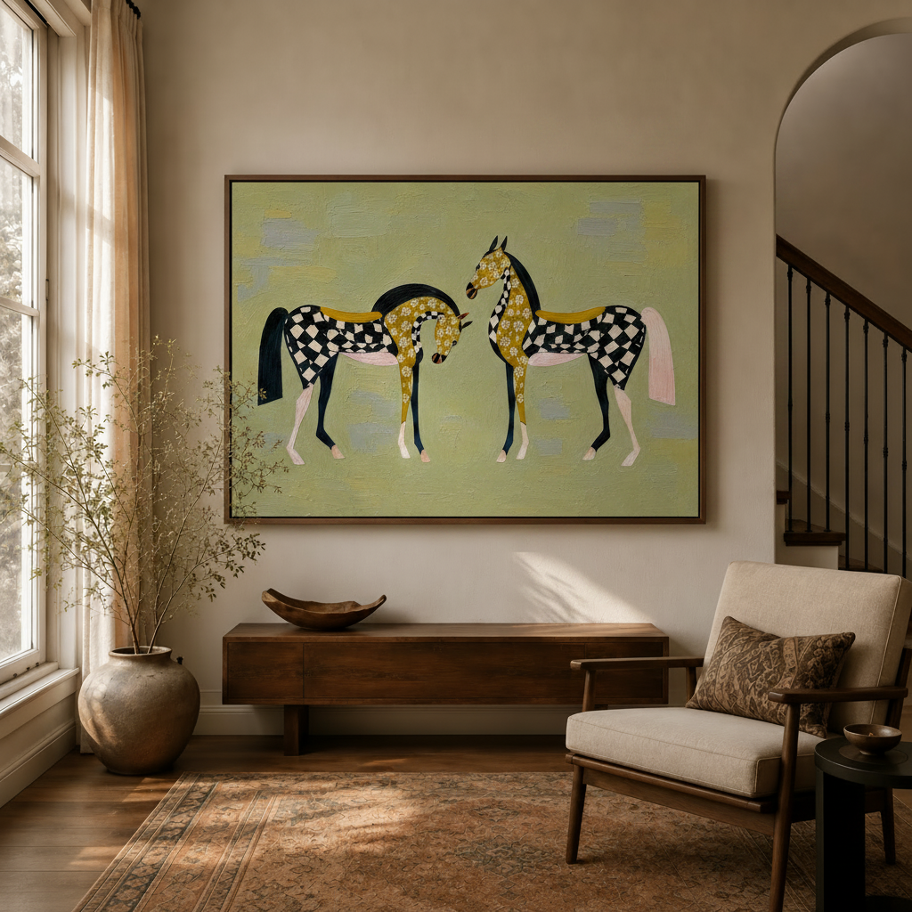 Folk art two horses canvas wall art displayed above console in warm neutral entryway