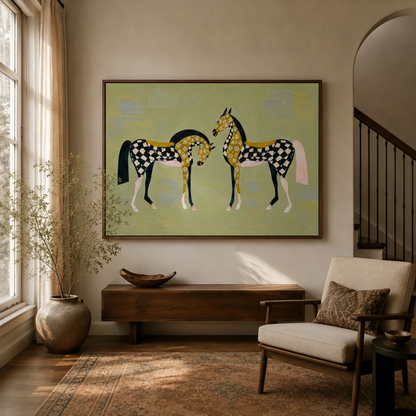 Folk art two horses canvas wall art displayed above console in warm neutral entryway