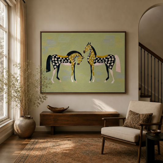 Folk art two horses canvas wall art displayed above console in warm neutral entryway