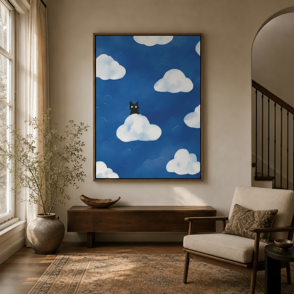 Whimsical black cat on cloud canvas wall art in dark walnut float frame above entryway console with dried branches