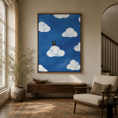 Whimsical black cat on cloud canvas wall art in dark walnut float frame above entryway console with dried branches