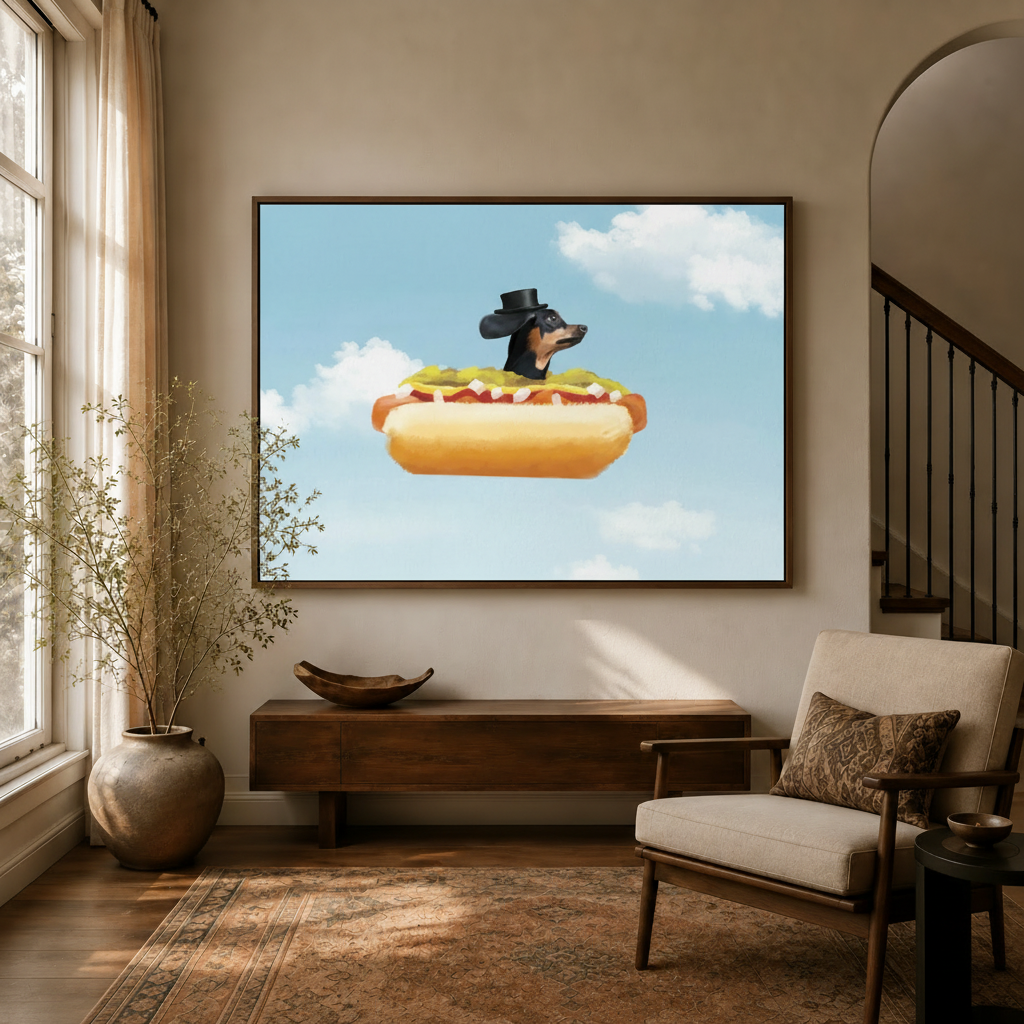 Funny dachshund hot dog surrealist canvas print hung in warm living room entryway with staircase and armchair