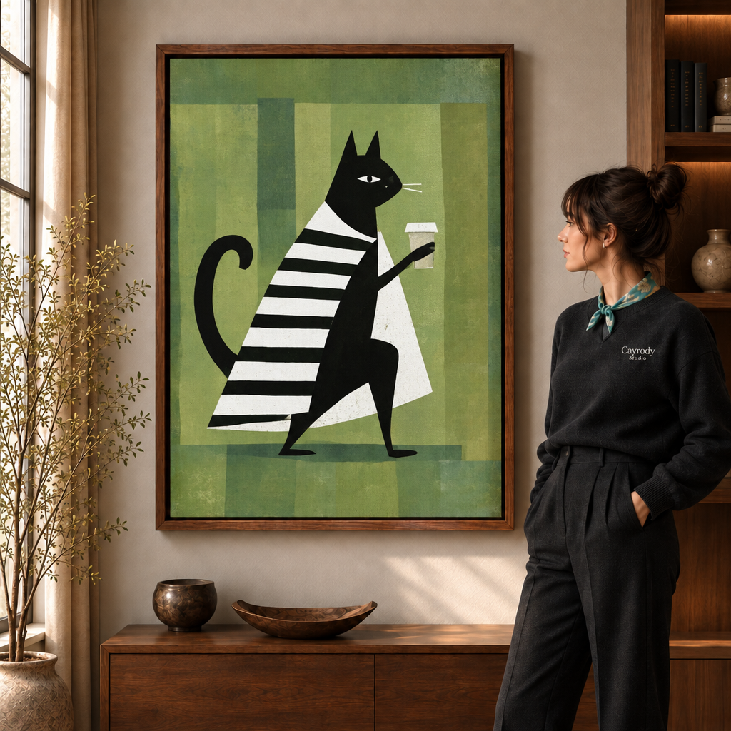 Walnut framed mid-century black cat canvas displayed in a warm sunlit living room