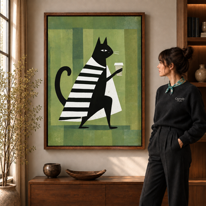 Walnut framed mid-century black cat canvas displayed in a warm sunlit living room