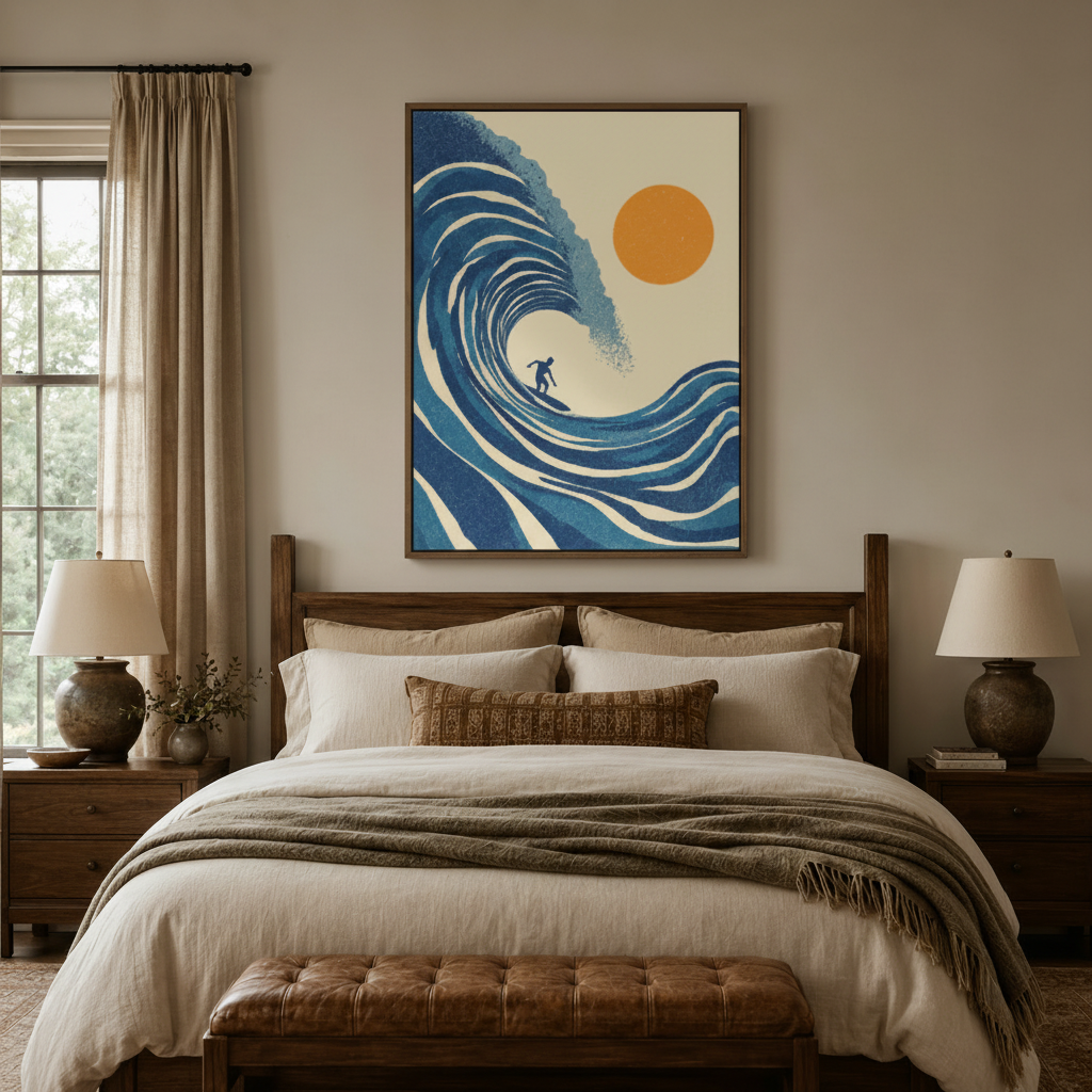 Bold surfer wave canvas wall art in walnut float frame displayed above bed headboard in warm bedroom
