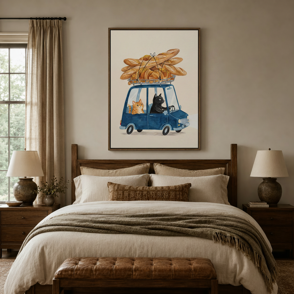 Whimsical cat bread delivery watercolor canvas wall art framed above bed in warm neutral bedroom