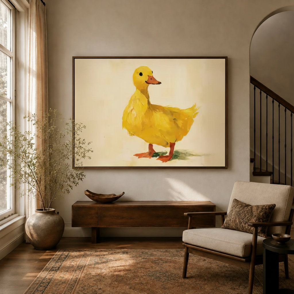 Cheerful yellow duck canvas bringing soft watercolor charm to a modern interior