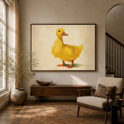 Cheerful yellow duck canvas bringing soft watercolor charm to a modern interior