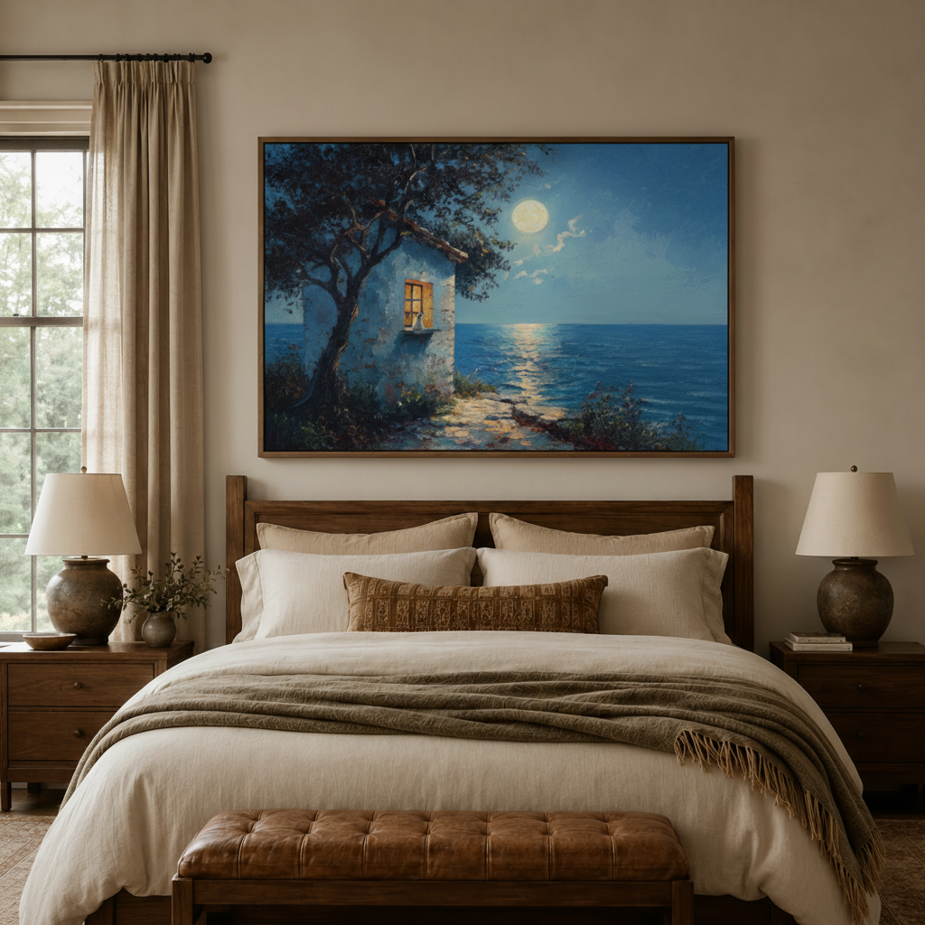 Moonlit coastal night impressionist canvas wall art in walnut float frame above bedroom headboard