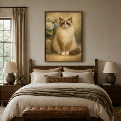 Elegant Ragdoll cat hydrangea classical portrait canvas in dark walnut float frame above cozy neutral bedroom