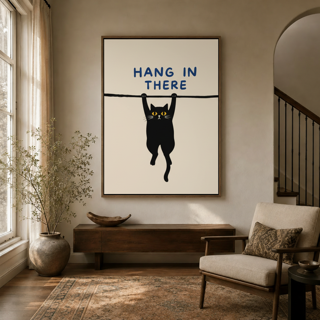 Hang In There cat canvas print displayed in a warm minimalist living room above a wooden console
