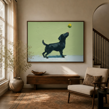 Black Lab tennis ball impasto canvas print in dark walnut frame above console in warm entryway with dried branch decor