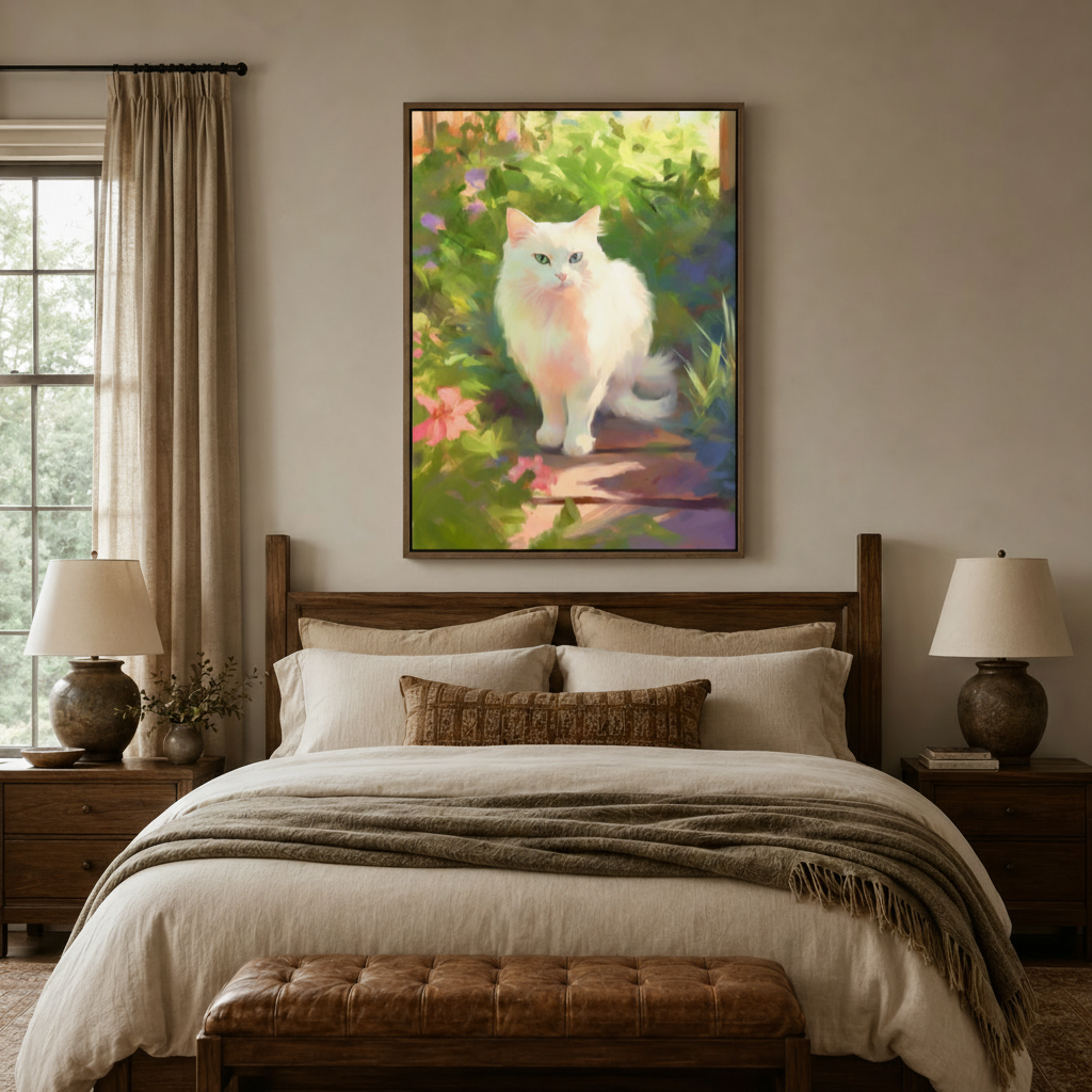 Impressionist white cat garden canvas art above a rustic wooden bed in a cozy warm-toned farmhouse bedroom