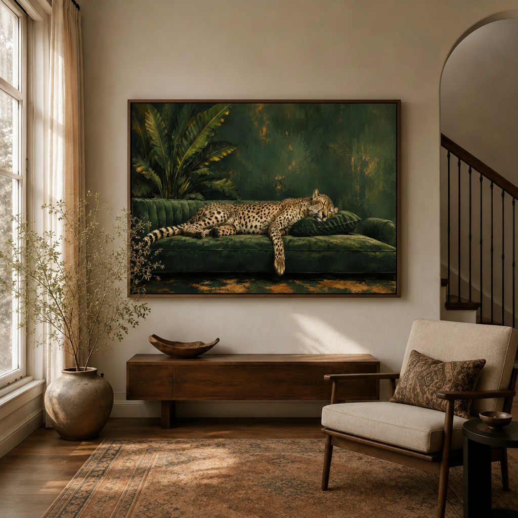 Sleeping cheetah oil painting canvas art displayed in warm neutral living room entryway above walnut console