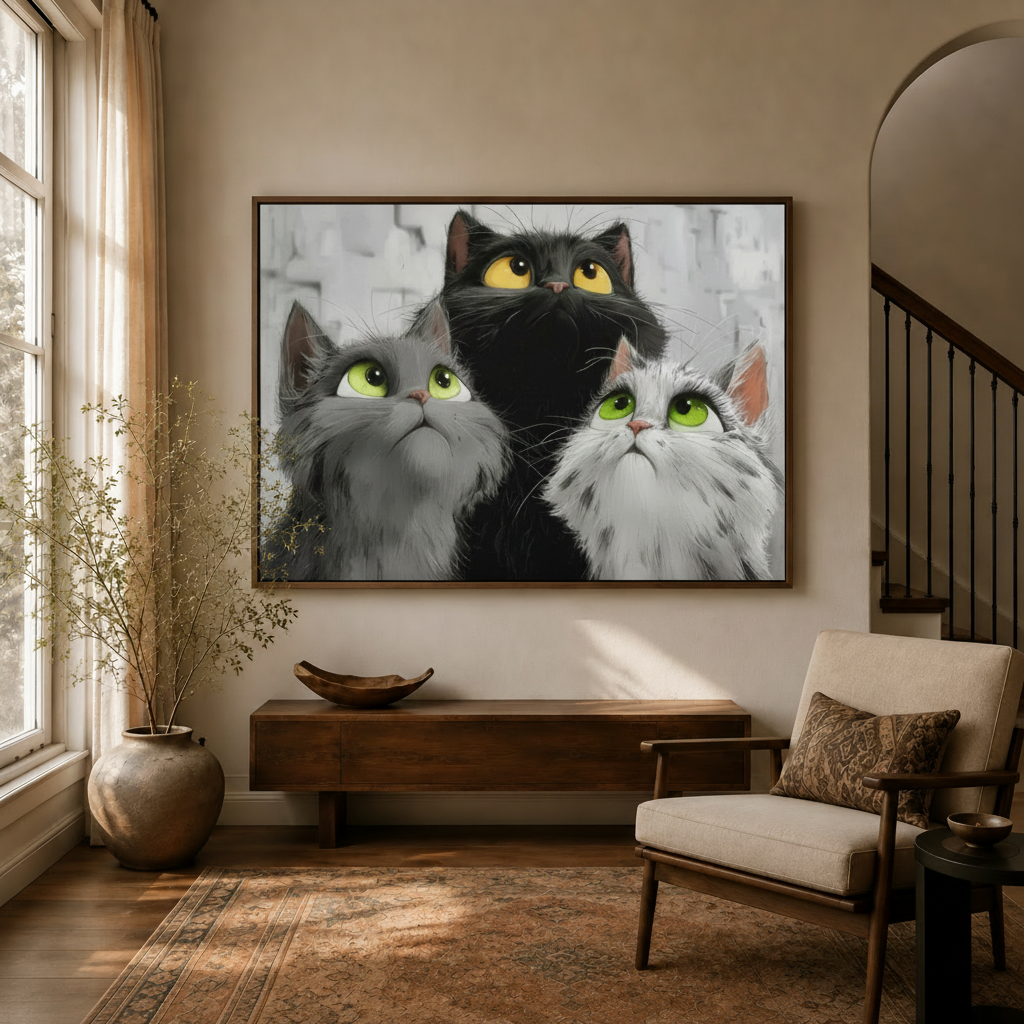 Three cats looking up canvas wall art in dark walnut frame displayed in warm living room entryway