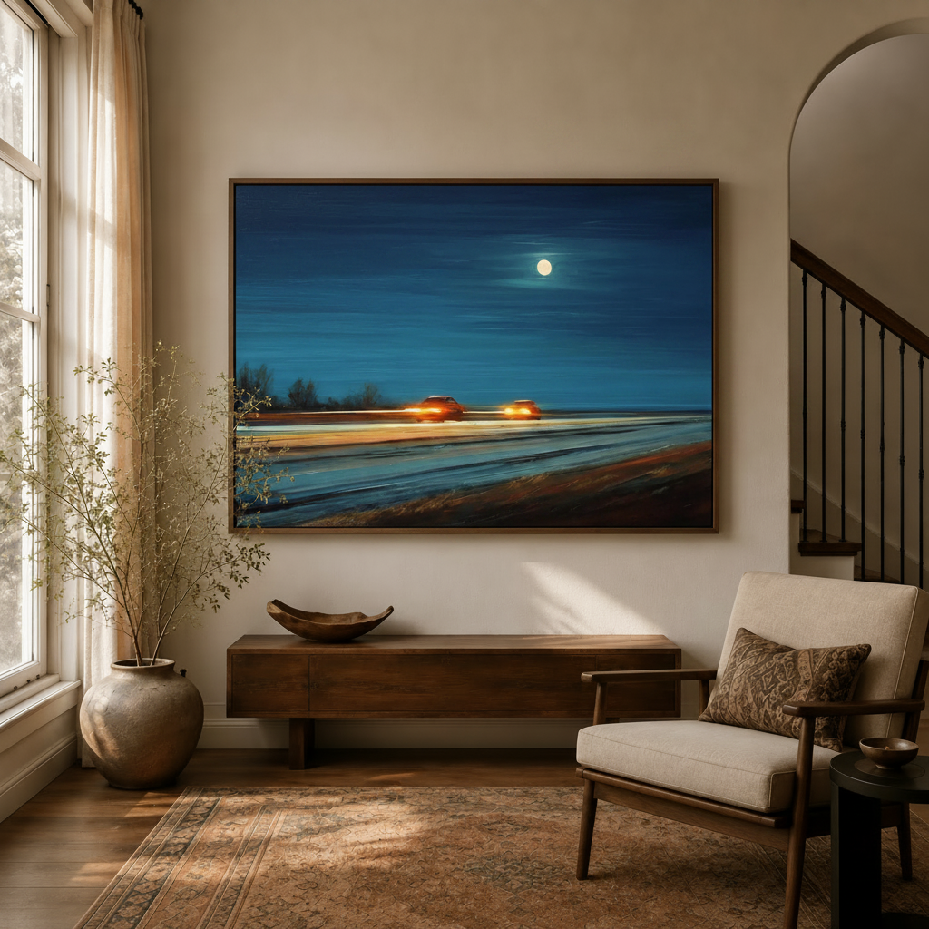 Moonlit highway night drive canvas in dark walnut float frame styled in warm entryway living space