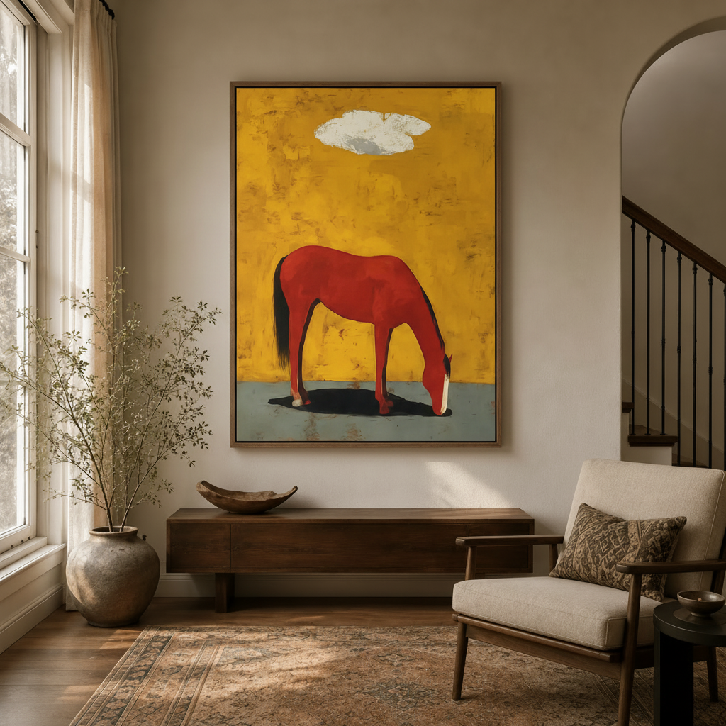 Red horse canvas art in dark walnut frame displayed in modern entryway above console table