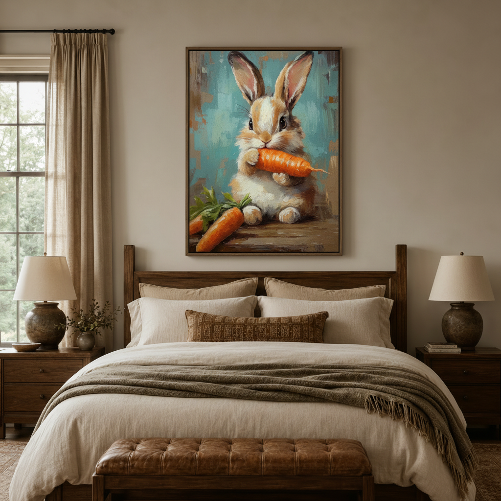  Bunny eating carrot impasto canvas wall art displayed above bed in cozy warm bedroom setting